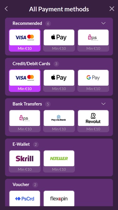SlotRave mobile payment methods screen
