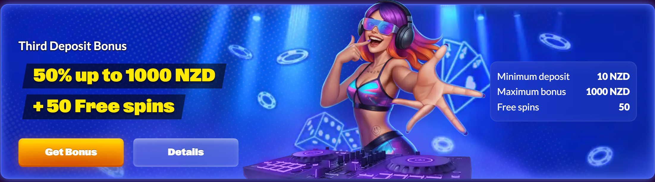 SlotRave third deposit bonus card with free spins