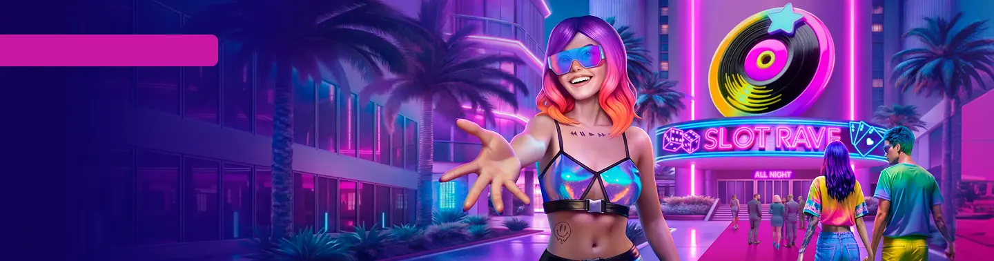 SlotRave casino welcome banner with DJ and neon gaming visuals