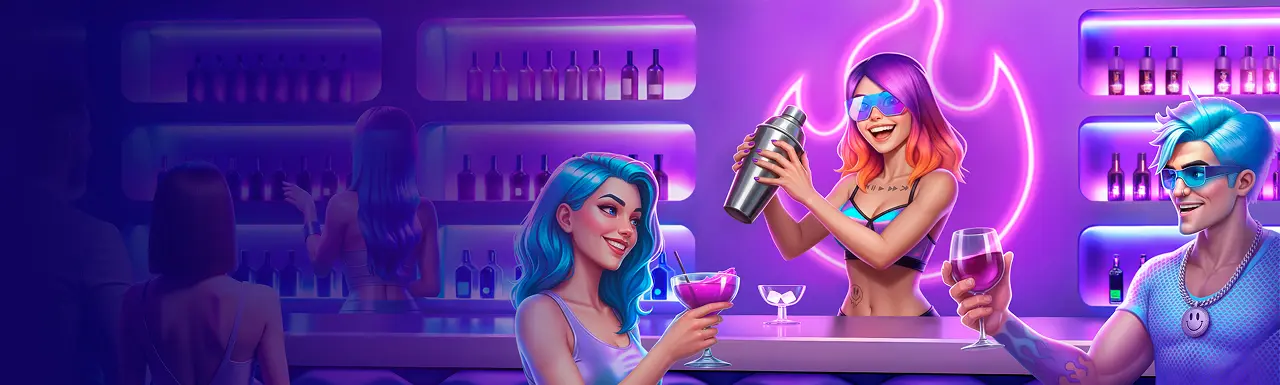 SlotRave casino party-themed banner with characters