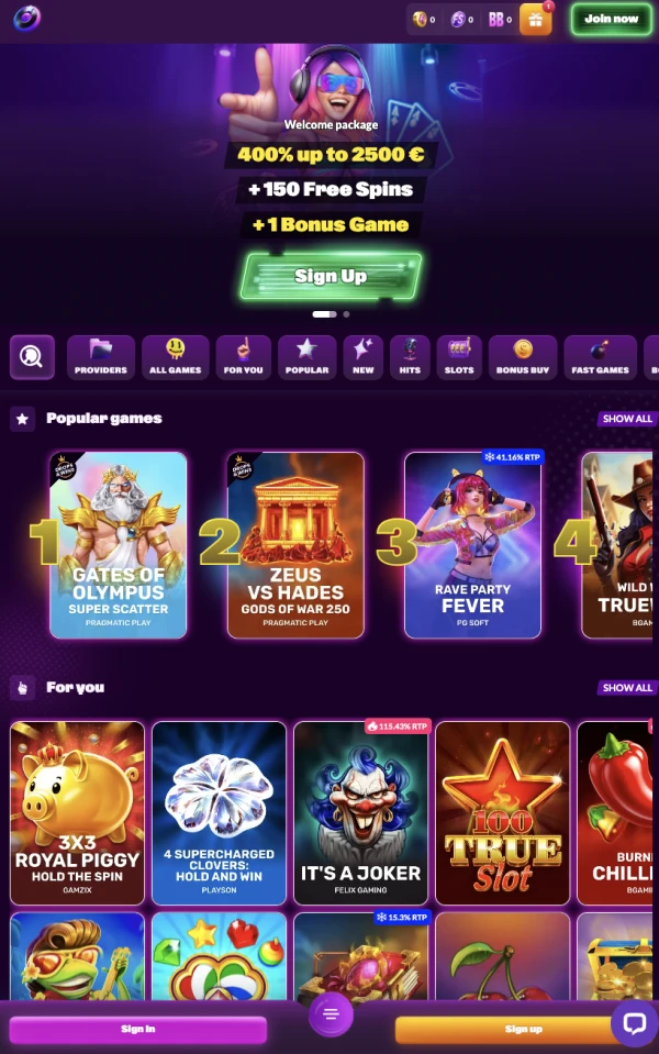 SlotRave mobile casino lobby screenshot