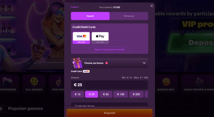 SlotRave cashier and deposit screen